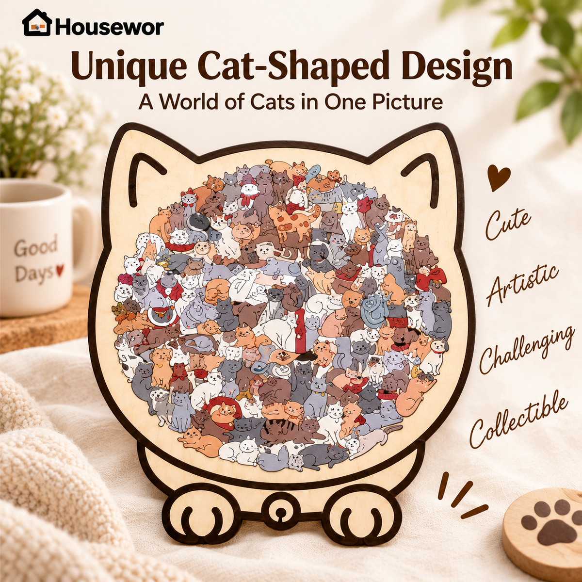 🎁70% OFF!!!-Ready for Christmas!🎅🧩135-Piece Cute Cat Puzzle Challenge Irregular Shaped Wooden Jigsaw Puzzle👍🎁Stress Relief Enthusiast Gift, Christmas Gift✨