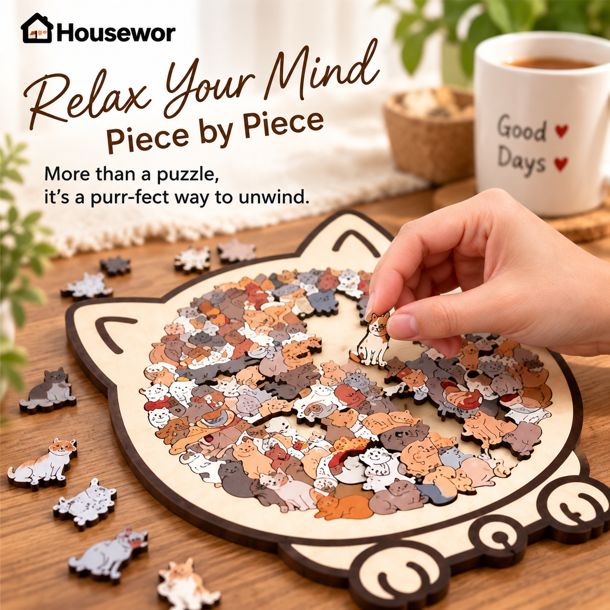 🎁70% OFF!!!-Ready for Christmas!🎅🧩135-Piece Cute Cat Puzzle Challenge Irregular Shaped Wooden Jigsaw Puzzle👍🎁Stress Relief Enthusiast Gift, Christmas Gift✨