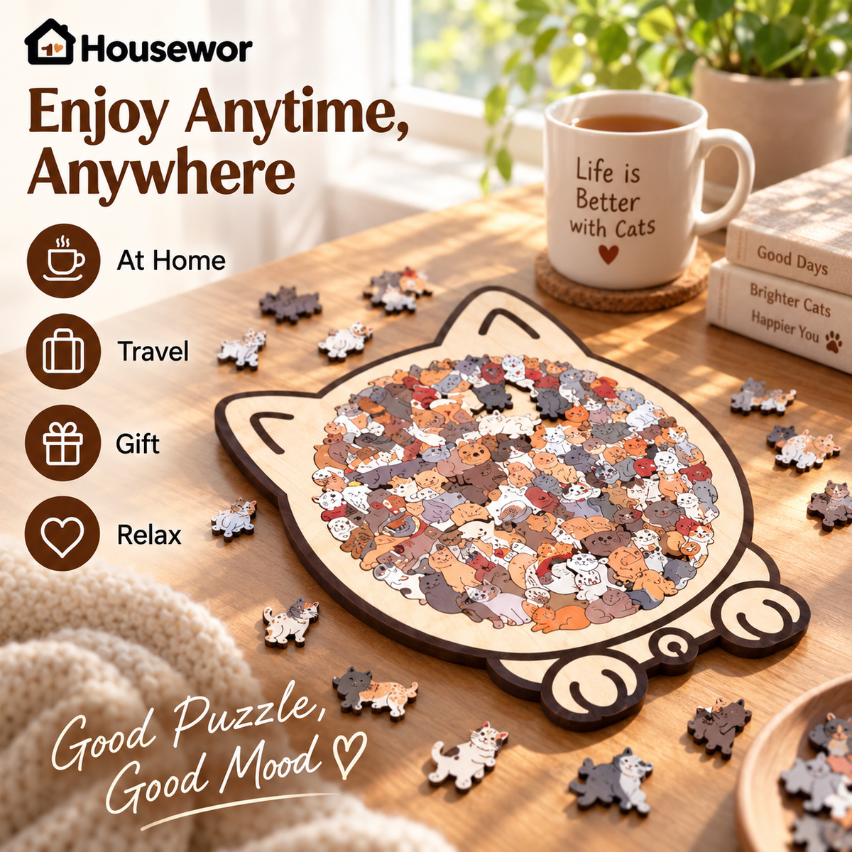 🎁70% OFF!!!-Ready for Christmas!🎅🧩135-Piece Cute Cat Puzzle Challenge Irregular Shaped Wooden Jigsaw Puzzle👍🎁Stress Relief Enthusiast Gift, Christmas Gift✨