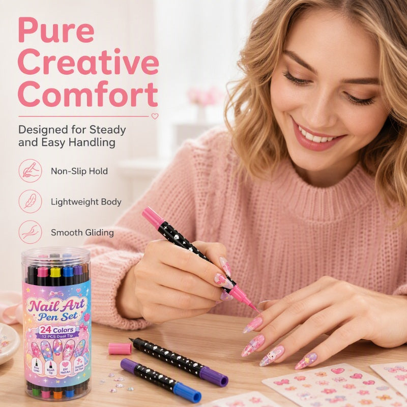 ⏳LAST DAY SALE ONLY ￡7.99!!💕🎁24 Shades Dual-Tip Nail Art Marker Kit, Quick-Dry Painting Pens For DIY Nail Designs💅