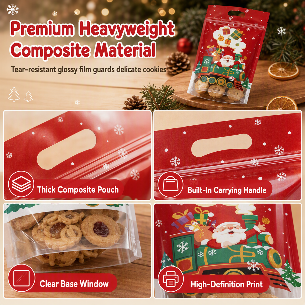 ⏳LAST DAY SALE 50% OFF 🎅🔥50 Pack Christmas Candy Bags Cartoon Stand Up Zipper Pouches for Snowflake Crisp Cookie and Baking Food Packaging