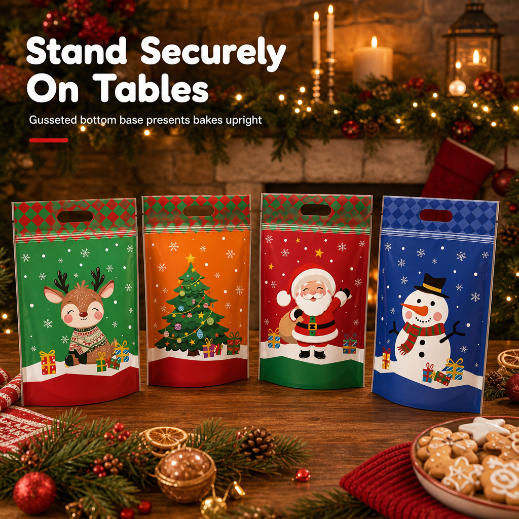 ⏳LAST DAY SALE 50% OFF 🎅🔥50 Pack Christmas Candy Bags Cartoon Stand Up Zipper Pouches for Snowflake Crisp Cookie and Baking Food Packaging