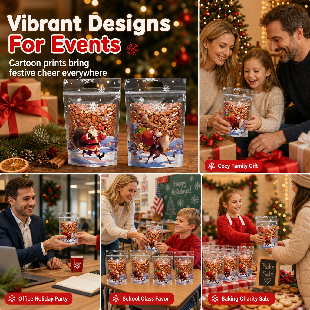 ⏳LAST DAY SALE 50% OFF 🎅🔥50 Pack Christmas Candy Bags Cartoon Stand Up Zipper Pouches for Snowflake Crisp Cookie and Baking Food Packaging