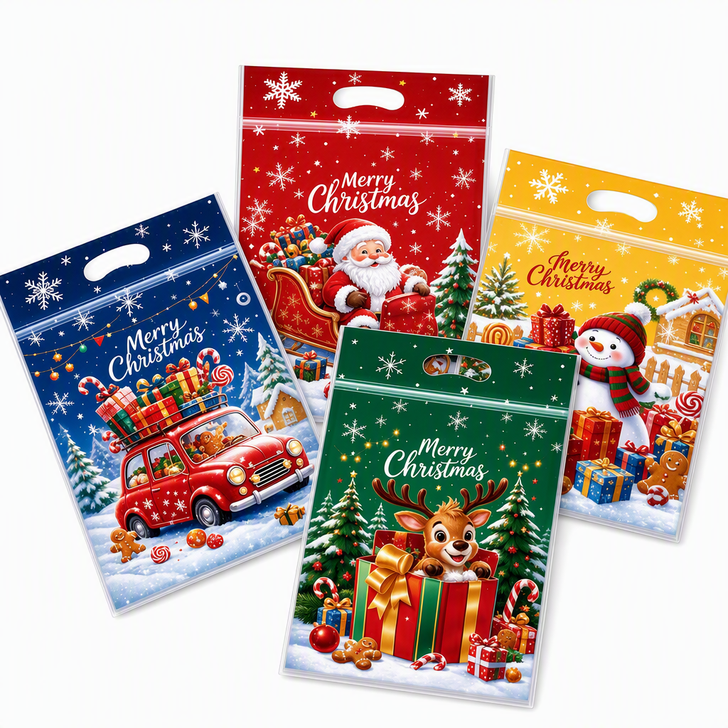 ⏳LAST DAY SALE 50% OFF 🎅🔥50 Pack Christmas Candy Bags Cartoon Stand Up Zipper Pouches for Snowflake Crisp Cookie and Baking Food Packaging